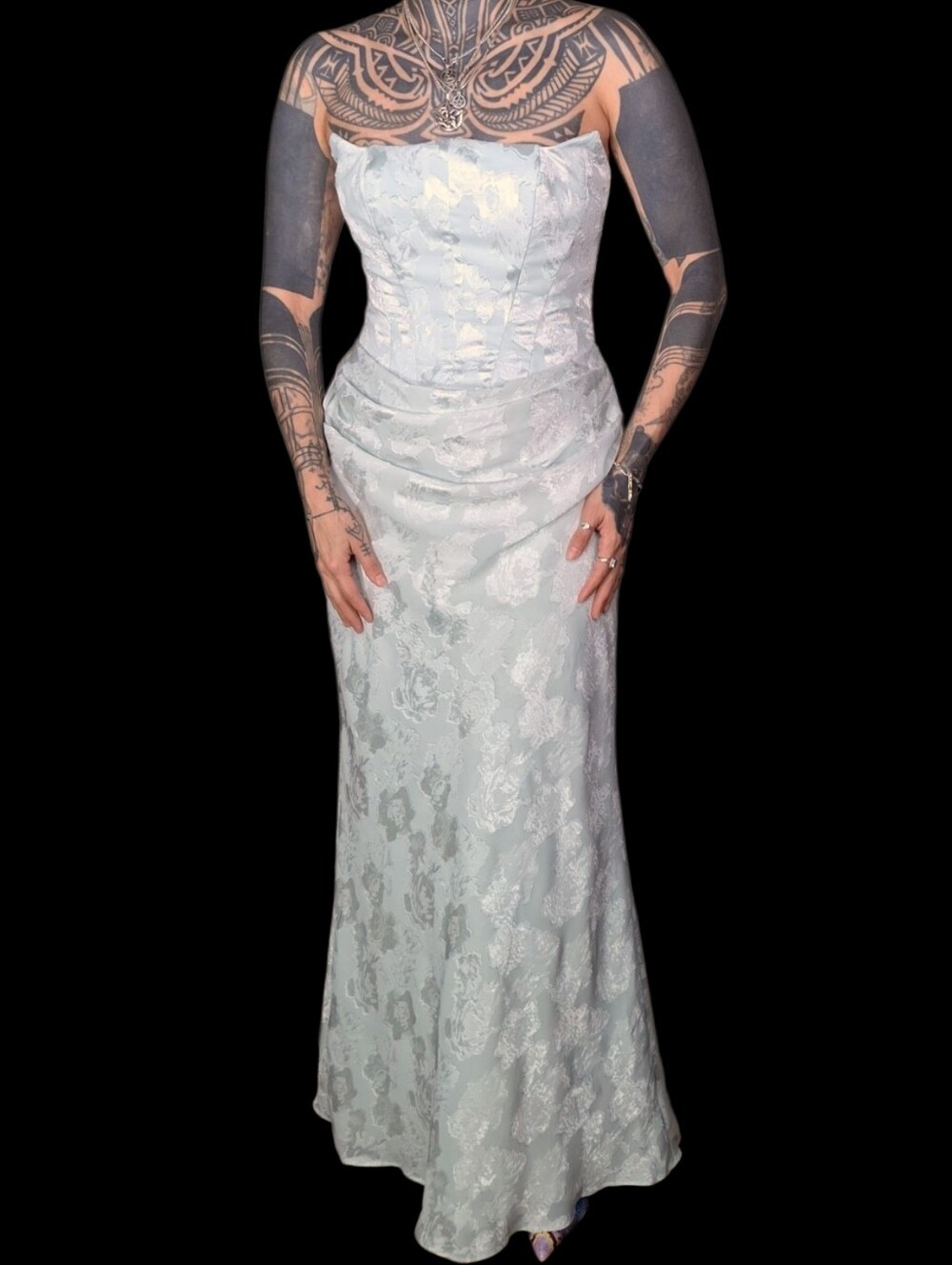 NEW Azazie Atelier Ezrena Strapless Floral Brocade Maxi Dress S Mint Green Prom
